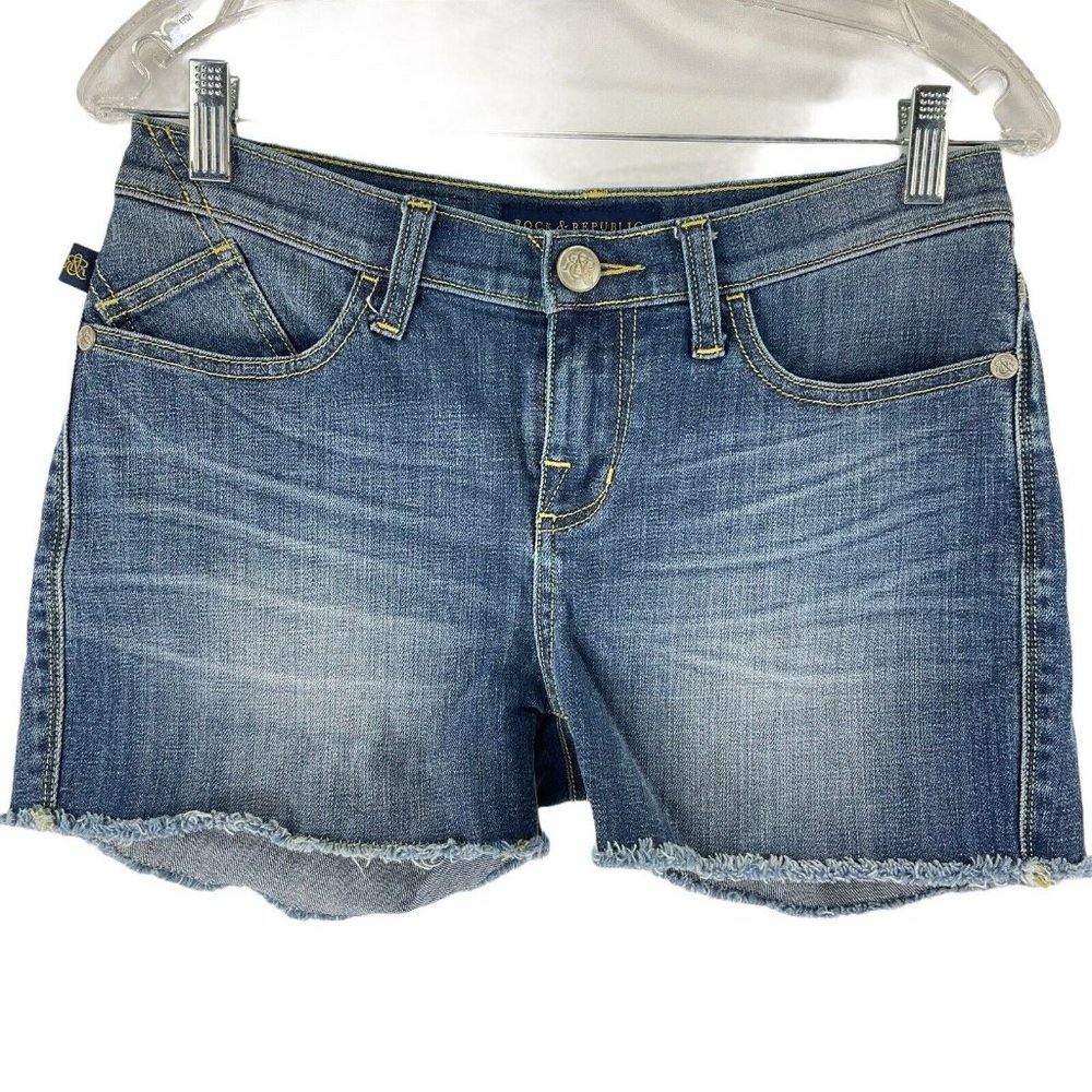 Rock & Republic Jean Shorts Womens Sz 6 Medium Wash Mid Rise Frayed Hem - Picture 1 of 10